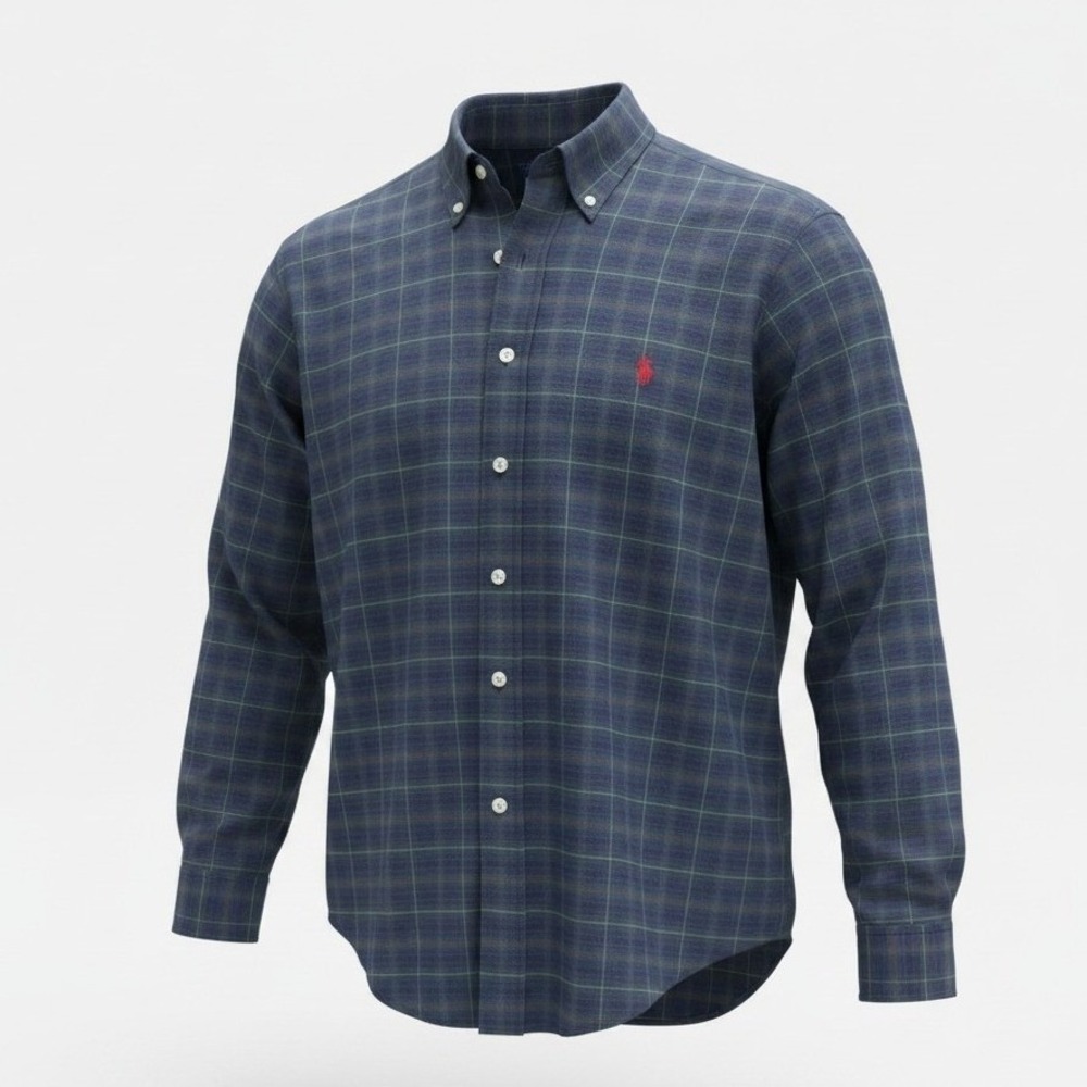 Ralph Lauren Navy & Green Plaid Button-Down Shirt with Red Pony